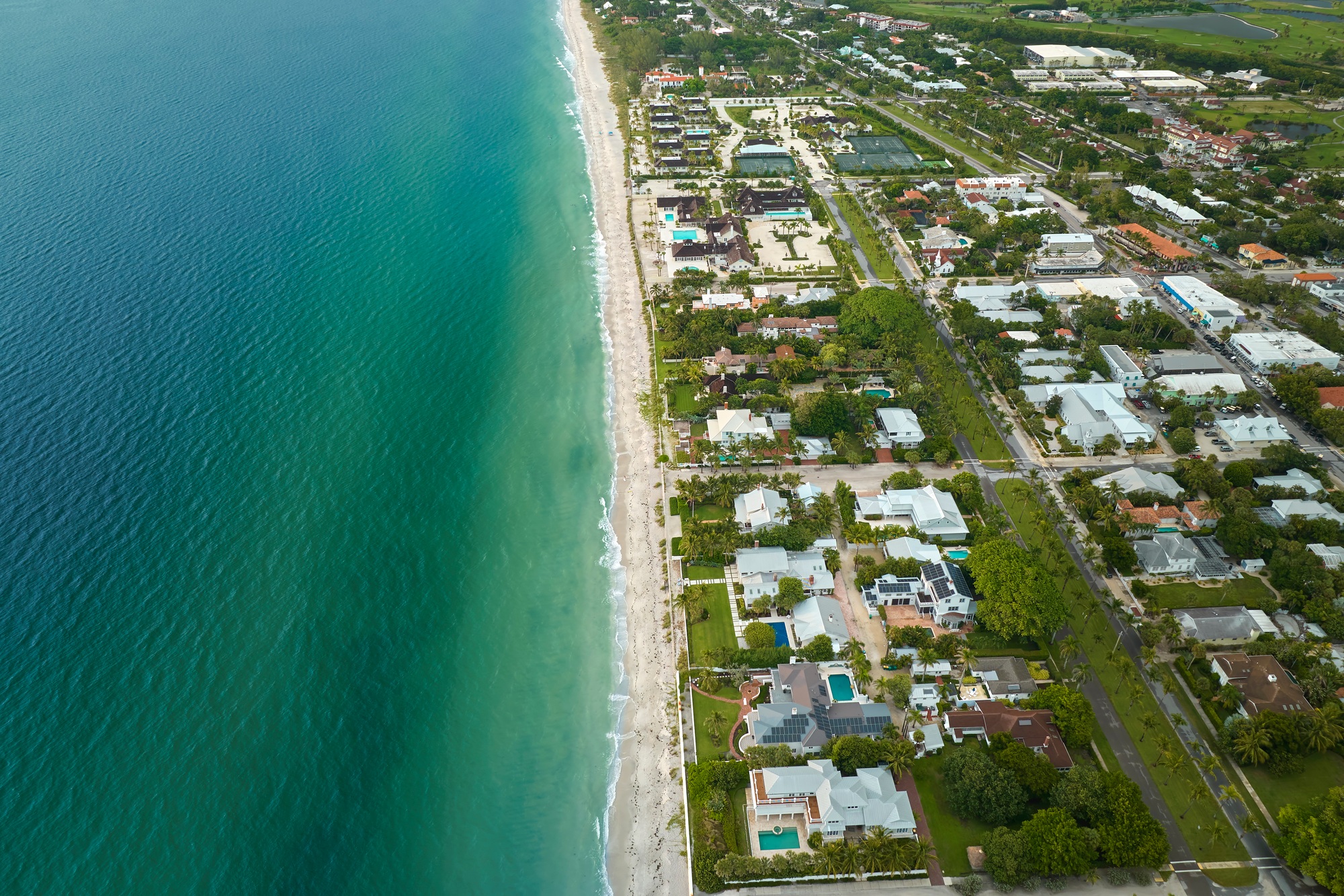 Aerial view of rich neighborhood with expensive vacation homes in Boca Grande