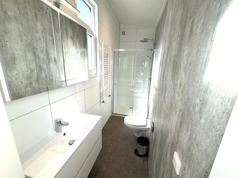 Badkamer met inloopdouche, wastafelmeubel met spiegelkast en toilet