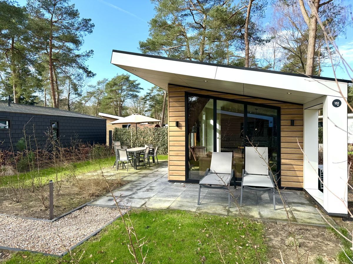 Vrijstaande boslodge met houten gevel, terras en ligstoelen tussen de bomen